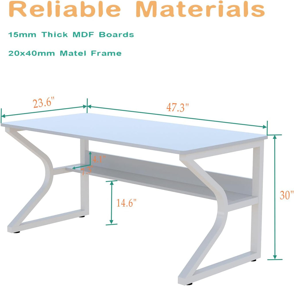 OSCHF Office Desk with Storage Shelf - 47.3' Long Writing Table for Single-Person Workstation, Modern Study Gaming Computer Desk, Warm White