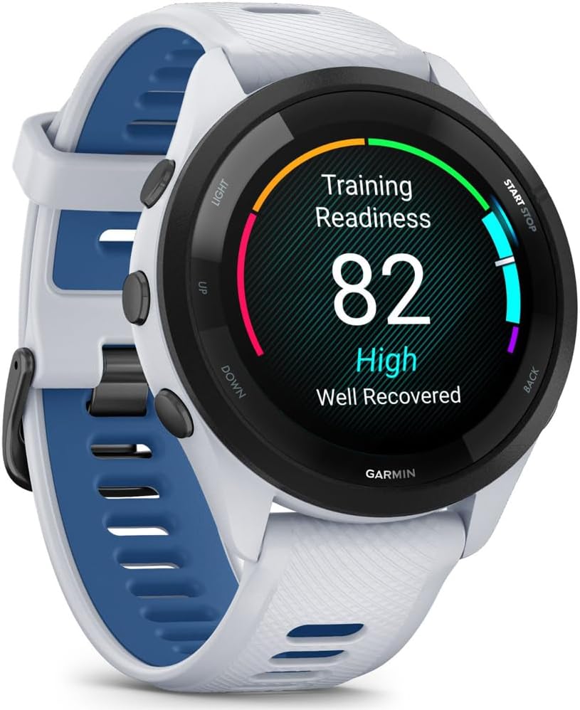 Garmin 010-02810-01 Forerunner 265 GPS Smartwatch, Whitestone/Tidal Blue | Official USA Partner Model | Bundle with Sport Towel + Deco Essentials Wearable Commuter Front & Rear Safety Light