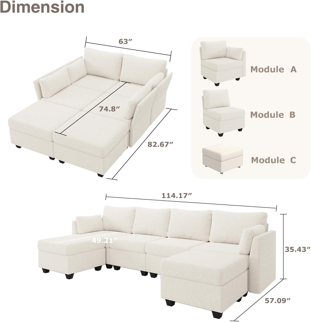 Huatean Home 114.17' Modular Sectional Sofa, 6 Seat Modular Couch with Storage, Memory Foam, Convertible Sectional Couches for Living Room, U Shaped Comfy Modular Sofa with Chaise, Beige