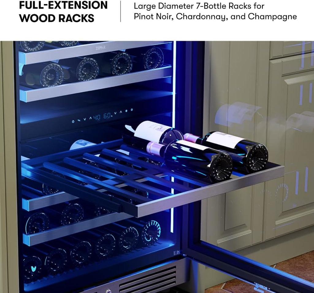 Zephyr Presrv 24' Wine Fridge Dual Zone Under Counter - Countertop Mini Wine Cooler Cellars Small Cabinet Wine Refrigerator Home Bar Chiller Freestanding with Glass Door, 45 Bottles 750ml