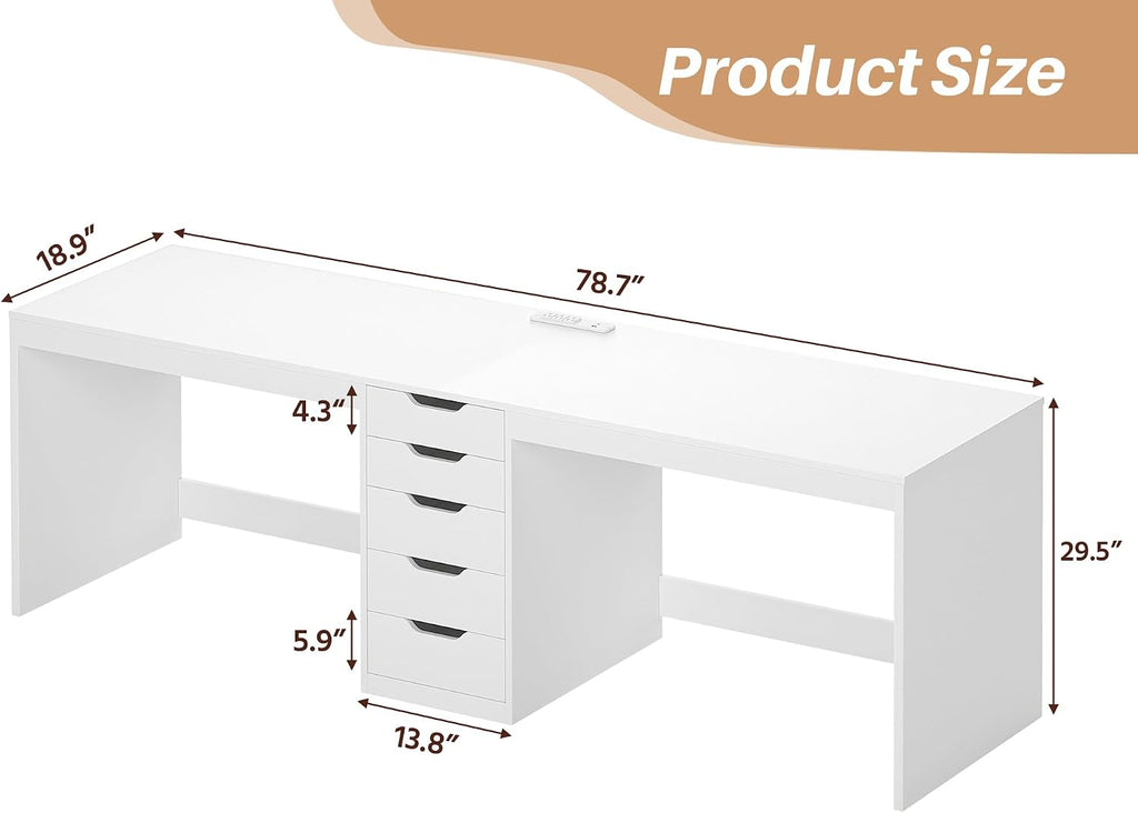 YOMILUVE 2 Person Desk with 5 Drawers and Power Outlets, 78.7 Inch Long Computer Desk with Storage File Cabinet, Two Person Home Office Double Desk with Storage, White