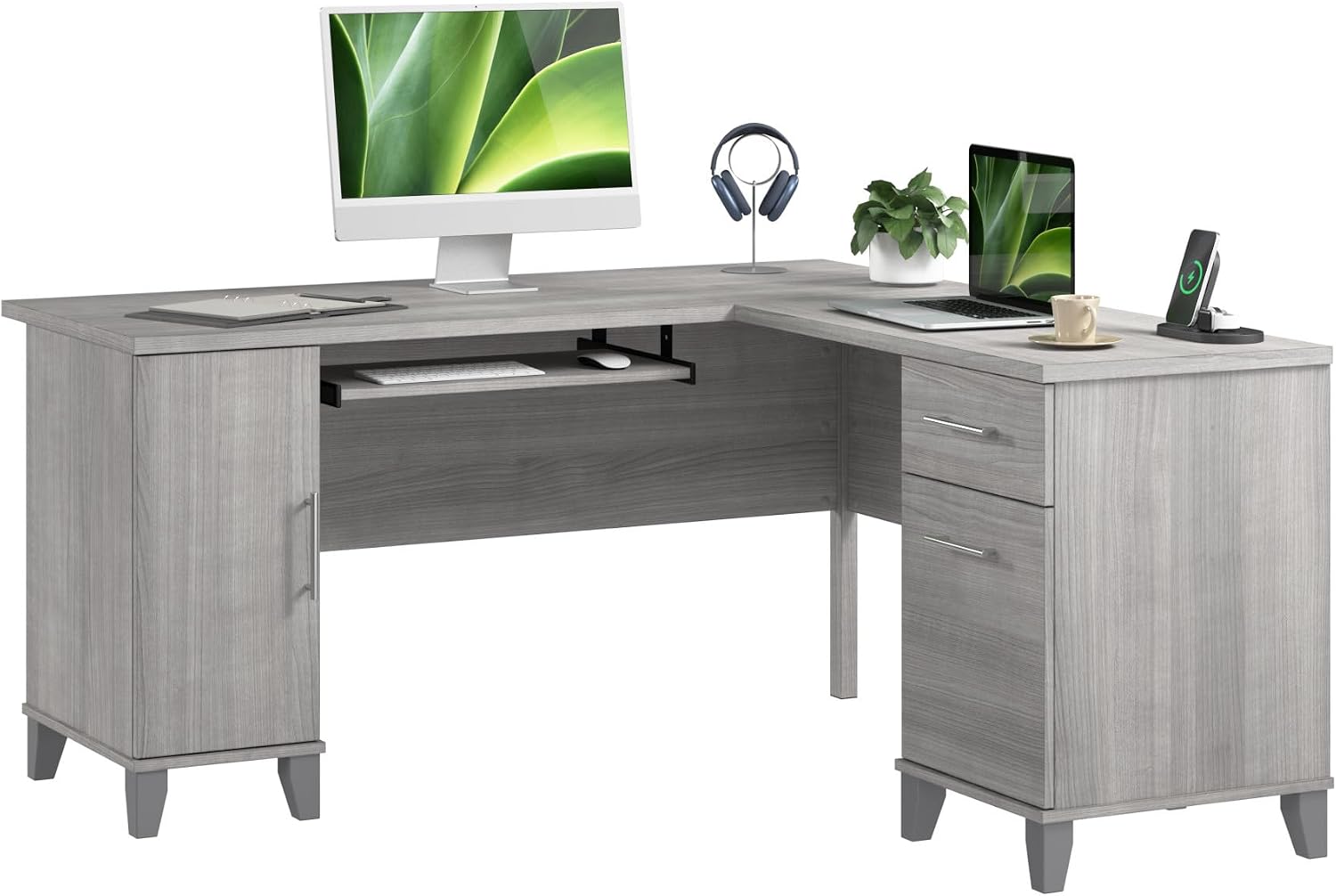 Bush Home 60-Inch L-Shaped Desk with Storage, Corner Computer Office Desk with Drawers and Storage Cabinet, Home Office Furniture, Somerset Collection, Platinum Gray