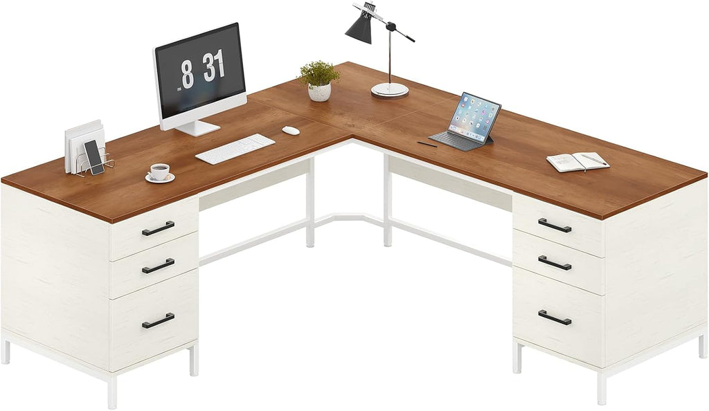 TVU 59'' L Shaped Desk with 6 Wood Drawers, Large Home Office Corner Computer Desk with Storage File Cabinet, Modern Metal Wood Desk for Executive Writing Study Workstation