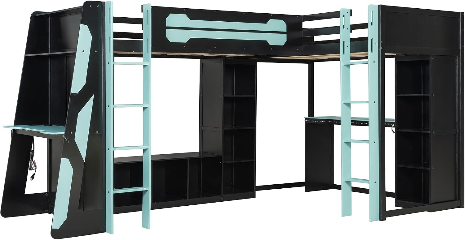Merax Twin Size Gaming Loft Bed with Desk, TV Stand and Storage Shelves, Solid Wood Dual Twin Bed Frame with RGB LED Lights & USB Ports for Teens Bedroom, Space-Saving Design, Reversible Layout, Blue
