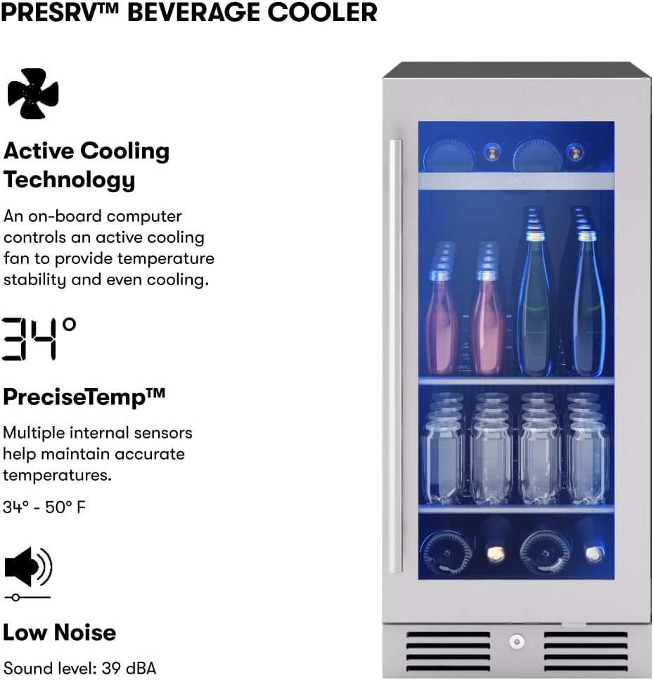 Zephyr Presrv 15' Slim Wine Fridge & Beverage Refrigerator Single Zone Under Counter - Narrow Mini Wine Cooler Small Beer Cabinet Drink Chiller Freestanding with Glass Door, 4 bottles, 64 cans