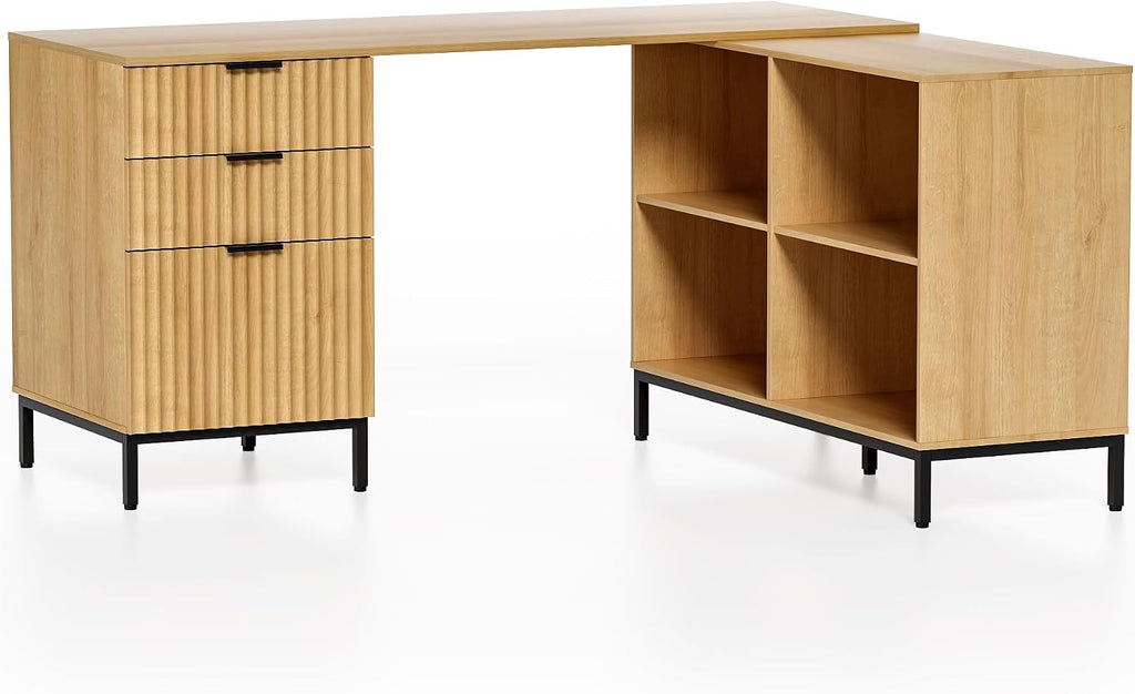 60' L Shaped Fluted Desk, Computer Desk with Movable Storage Cabinet Home Office Desk with 3 Drawers Metal Legs Corner Desk for Gaming Study, Natural Oak