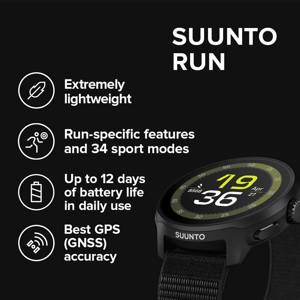 SUUNTO Run Sports Watch, 1.32' AMOLED Touchscreen w/Crown Button, 12D Battery Life, Dualband Accurate GPS, Wrist Heart-Rate & Sleep Health Tracking, 35g Lightweight & 4GB Offline Music, All Black