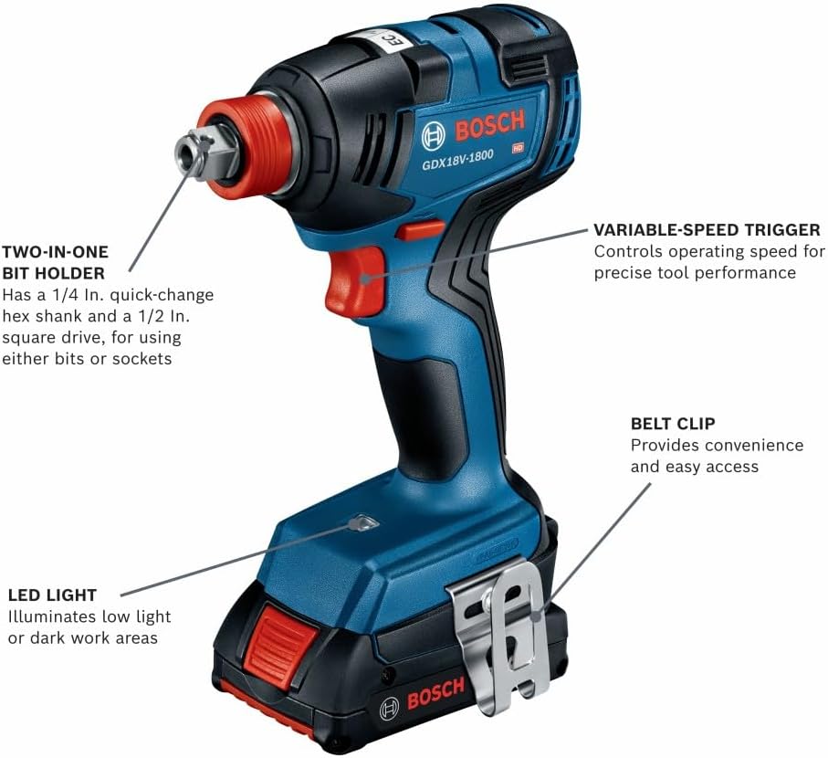 Bosch GXL18V-233B25 18V 2-Tool Combo Kit with 1/2 In. Hammer Drill/Driver, Two-In-One 1/4 In. and 1/2 In. Bit/Socket Impact Driver/Wrench and (2) CORE18V® 4 Ah Advanced Power Batteries