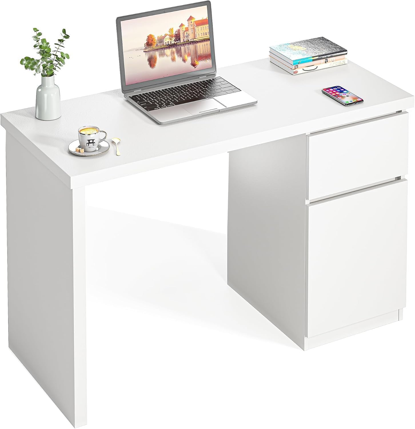 furtble White Desk with Drawers, 47 Inch Small Cute Desk for Bedroom, Home Office PC Desks Workstation Study Table Desks with Storage, White