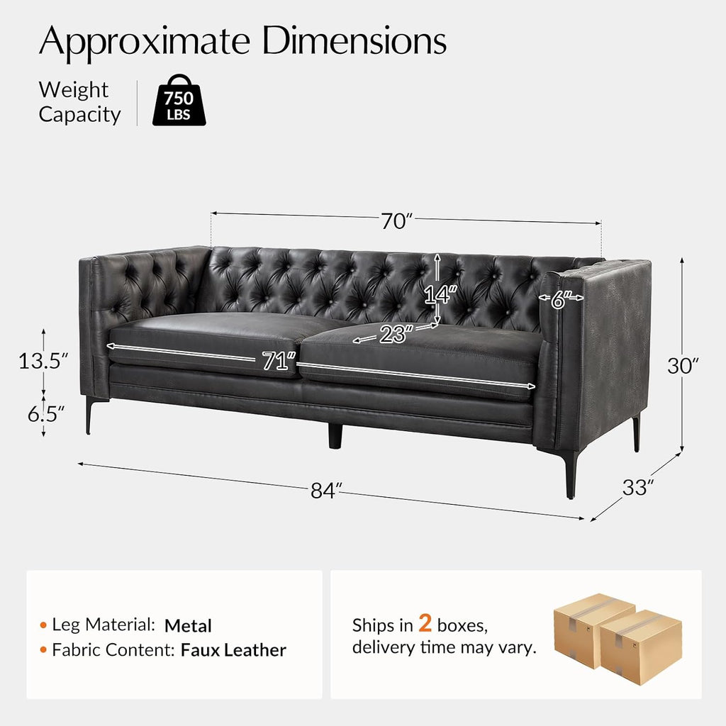 HULALA HOME 84' W Faux Leather Sofa Couch with Metal Legs, Button-Tufted 3-Seater Sofa, Mid Century Modern Contemporary Upholstered Couch for Living Room, Apartment, Charcoal