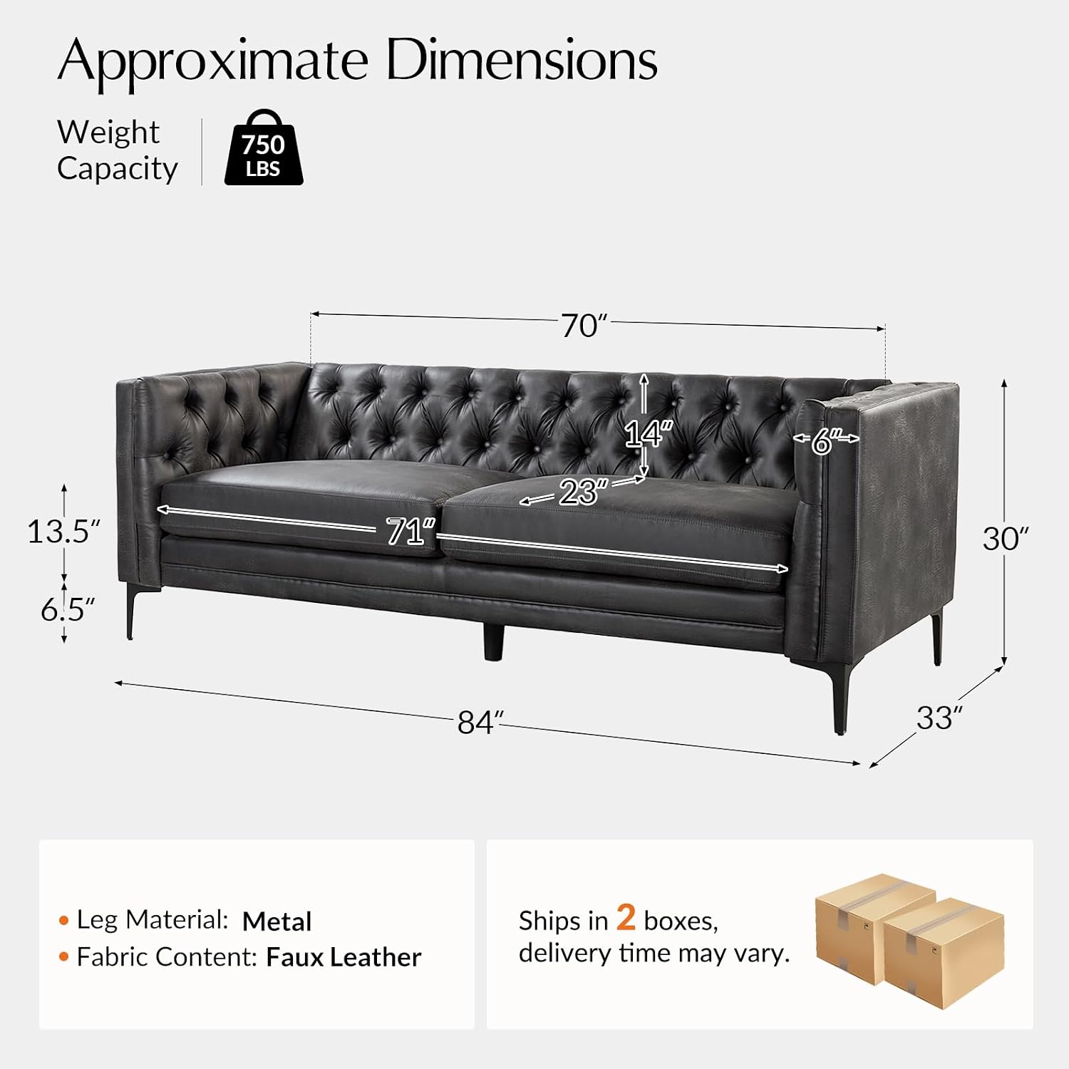 HULALA HOME 84' W Faux Leather Sofa Couch with Metal Legs, Button-Tufted 3-Seater Sofa, Mid Century Modern Contemporary Upholstered Couch for Living Room, Apartment, Charcoal