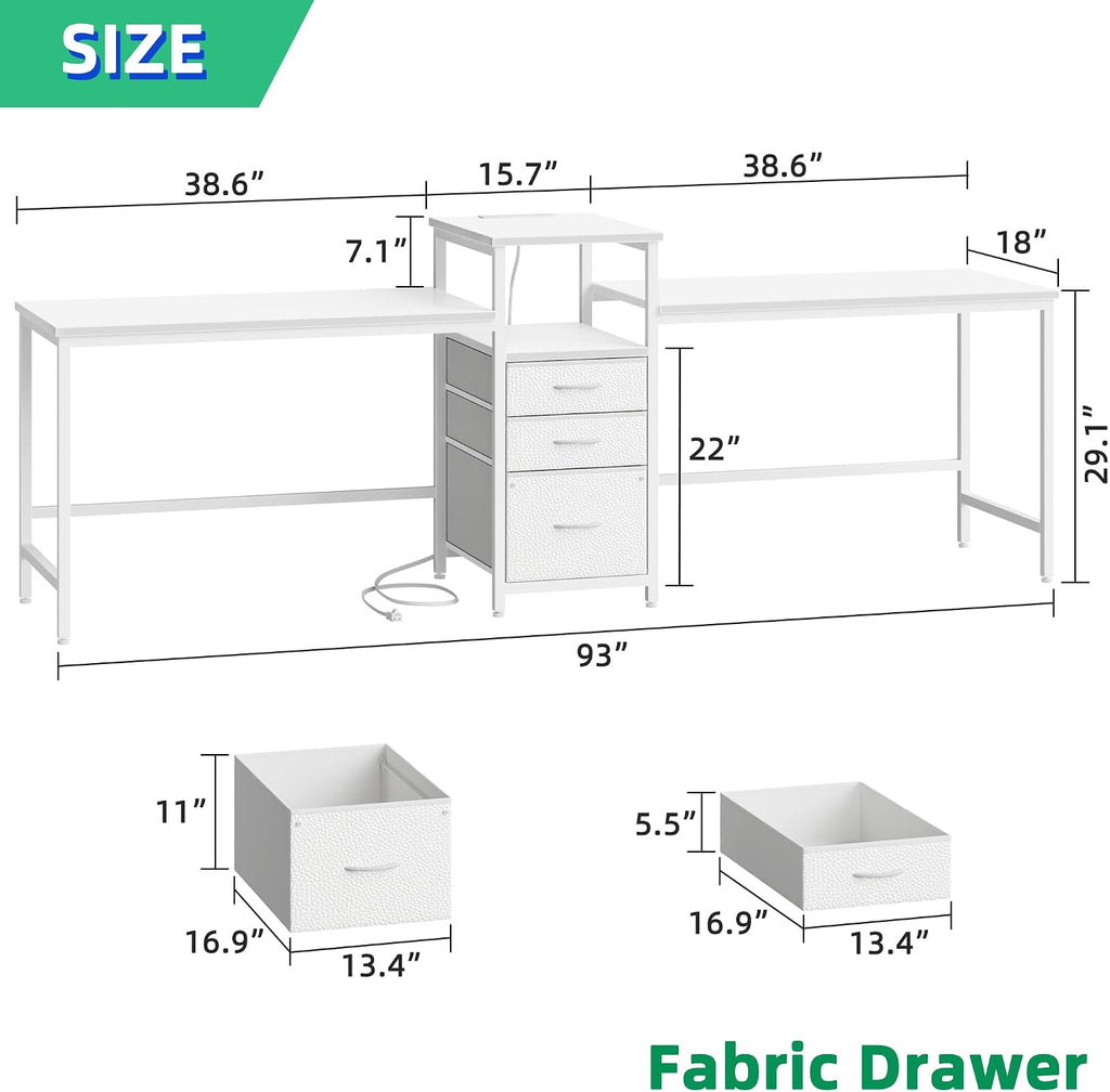 GYIIYUO 93'' Two Person Desk with Charging Station, Long Desk with 3 Drawers and Printer Shelf, Double Computer Desk, 2 Person Writing Study Table Workstation for Home Office, White