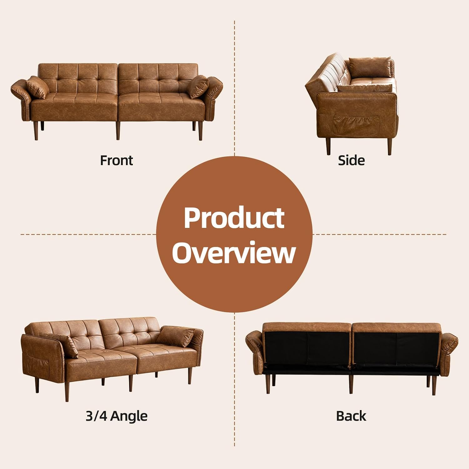 HALLYBEE 85' Futon Sofa Bed, Sleeper Sofa, Small Couch with Storage Adjustable Armrests Pillows, Faux Leather Loveseat, Mid Century Modern Couches for Living Room, Bedroom, Apartment, Brown