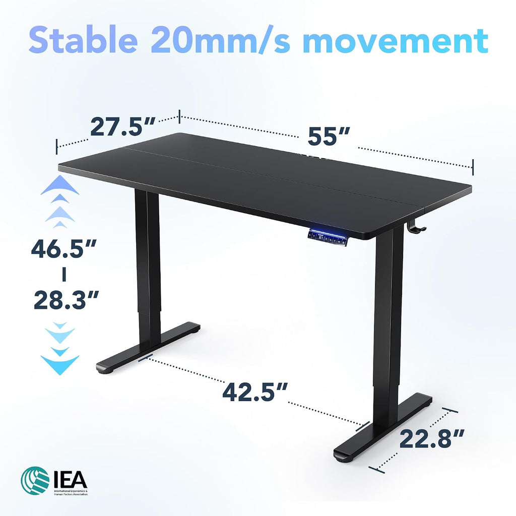 HUANUO 55' AI Smart Standing Desk with App-Synced Sedentary Reminders, Electric Height Adjustable Desk with Body-Data Ergonomic Presets, Voice Control Alexa/Google/Siri, 3 Memory Settings Table, Black