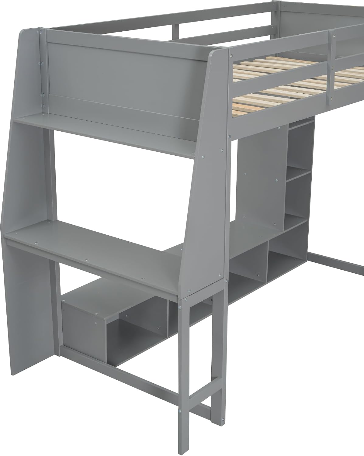 VilroCaz Modern Twin Size Gaming Loft Bed with Desk and Multi-Storage Shelves, Wood Loft Bed Frame with Workstation and a Hanging Clothes Rack, Maximize Space Saving (Twin)