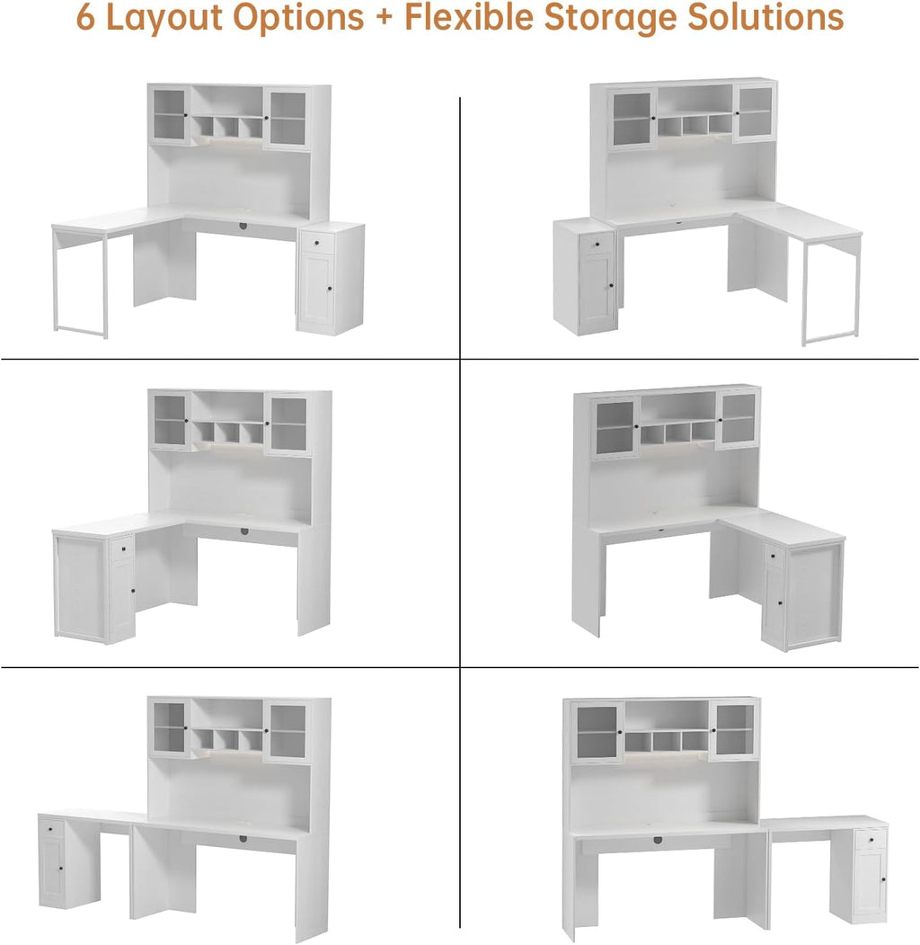 TUSY Reversible L Shaped Desk with Hutch & Storage Cabinet, 71' Corner Desk with LED, White Computer Desk with Drawers, DIY Home Office Desk for Small Space, Craft Desk with Storage
