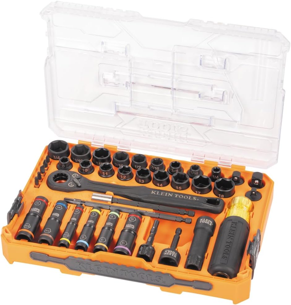 Klein Tools 65500KNECT KNECT Impact Socket Set, SAE and Metric Pass Through Socket Set, 90-Tooth Ratchet, MODbox Case, SAE, Metric, Screwdriver Handle, Bits, 39-Piece