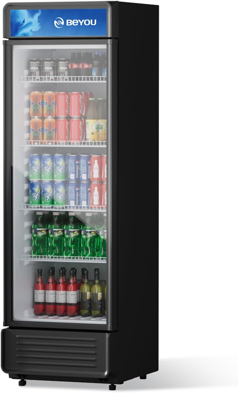 BEYOU Commercial Beverage Refrigerator, 9.7 cu. Ft Upright Dispaly Merchandiser with Single Glass Door, Drink Cooler for Living Room,Bar, Garage（Black）