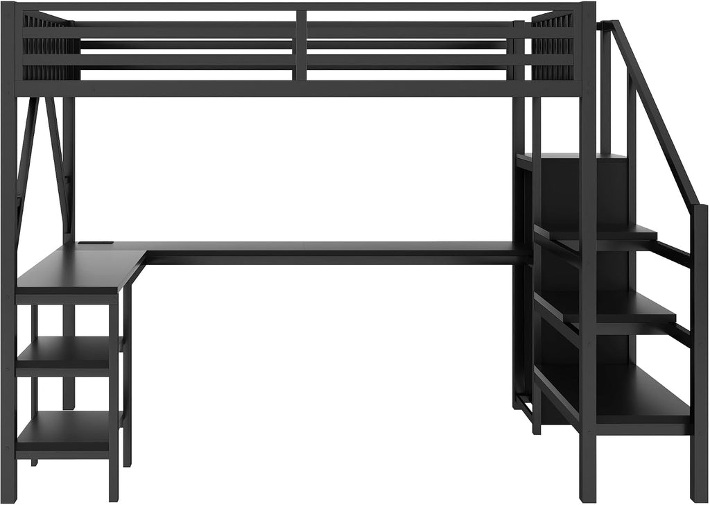 Full Size Loft Bed with Desk & Stairs, Metal Loft Bed Frame with Storage Shelves, Charging Station & LED Light, Gaming Loft Beds with Wardrobe for Kids Teens Adults, Black