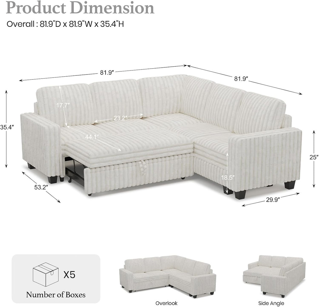 Belffin Plush Corduroy Modular Sectional Sofa with Pull Out Bed Convertible Small Sectional Corner Couch for Living Room Beige Couch