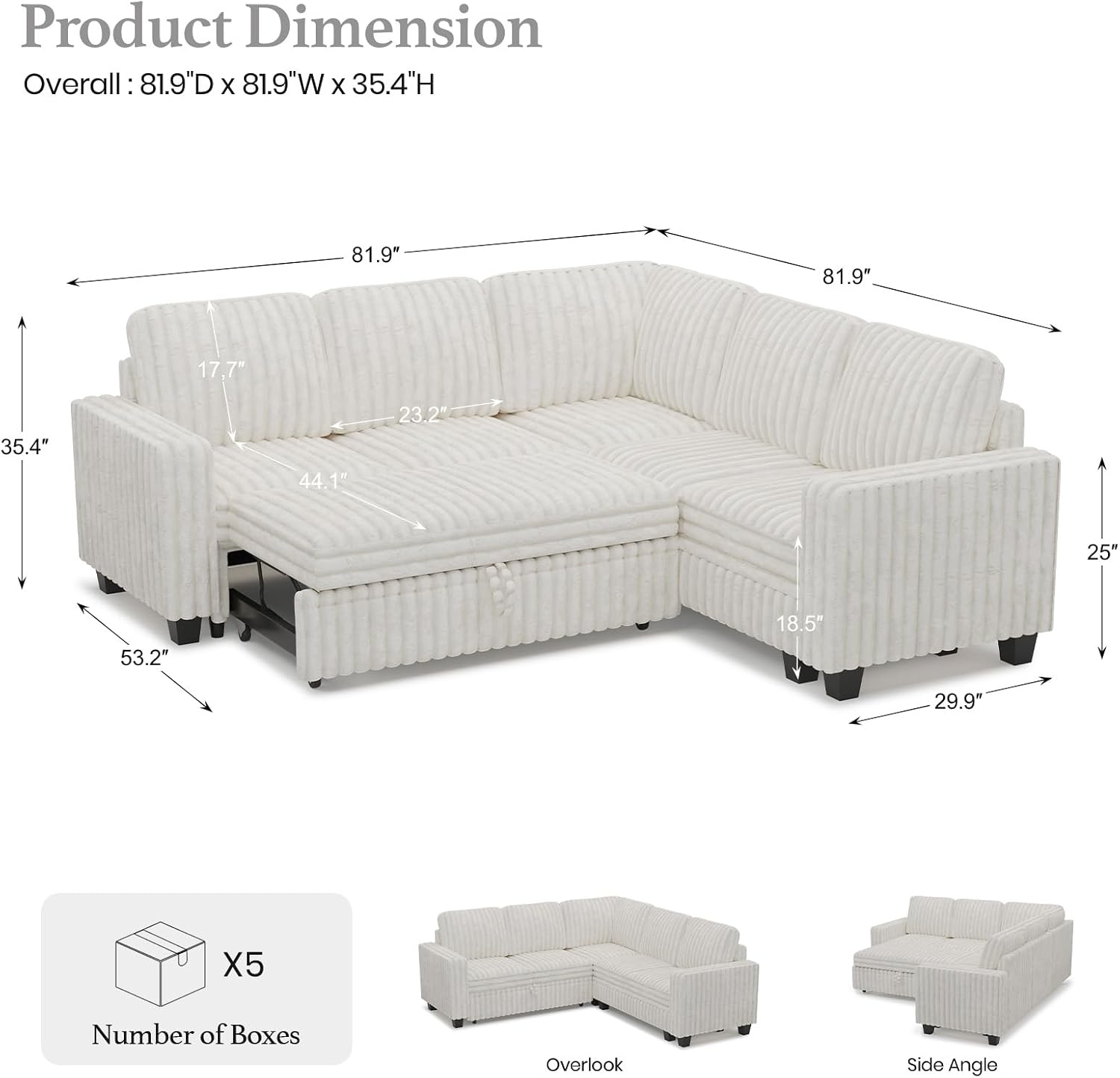 Belffin Plush Corduroy Modular Sectional Sofa with Pull Out Bed Convertible Small Sectional Corner Couch for Living Room Beige Couch