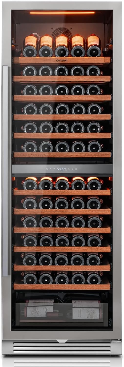 Ca'Lefort 155 Bottle Wine Fridge - 24 Inch Dual Zone Wine Cooler 40-65°F with Bottom Drawer, 13 Adjustable Shelves & 3 LED Lights, Energy Star Certified Built-in or Freestanding for Home/Bar/Kitchen