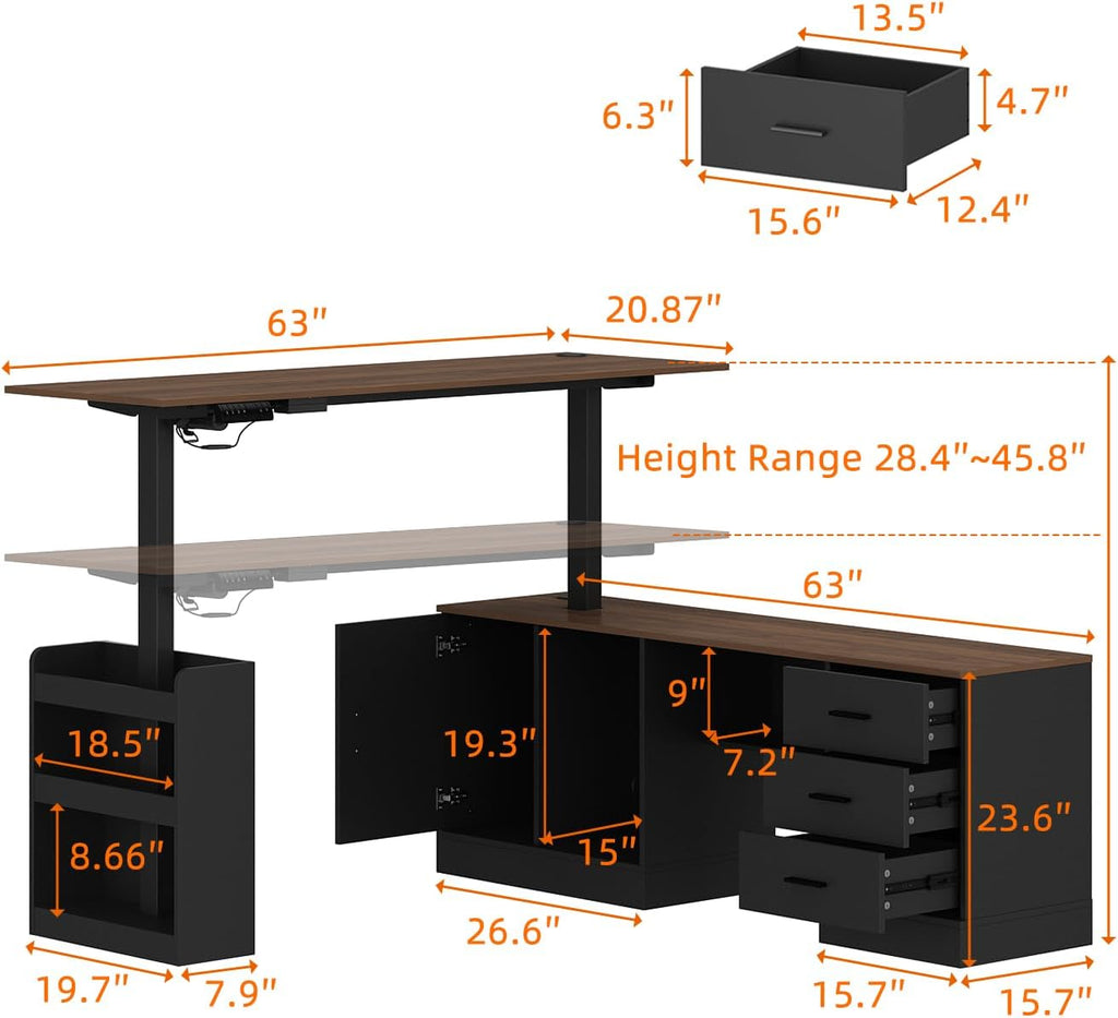Homsee Home Office L Shaped Electric Standing Desk with Drawers and Shelves, Height Adjustable Stand up Desk, 63' Computer Executive Corner Table, Walnut & Black