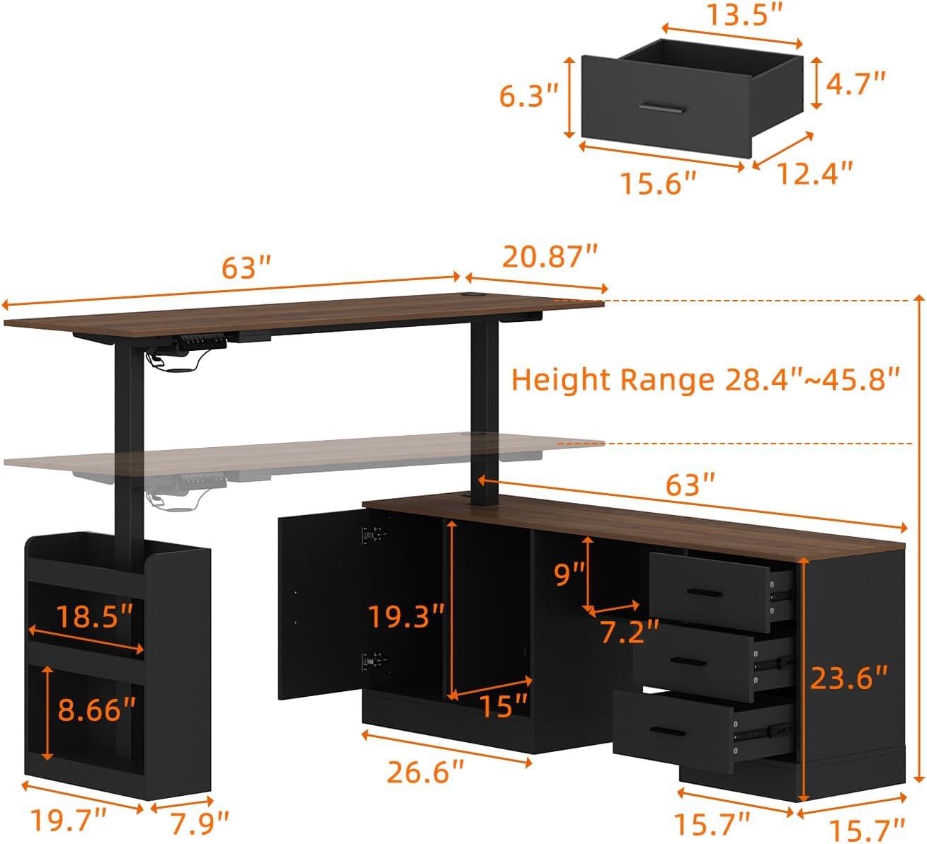 Homsee Home Office L Shaped Electric Standing Desk with Drawers and Shelves, Height Adjustable Stand up Desk, 63' Computer Executive Corner Table, Walnut & Black