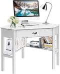 Tangkula White Corner Desk with Drawer, Storage Shelves for Computer, Makeup Vanity Desk for Small Space, 90 Degrees Triangle Desk