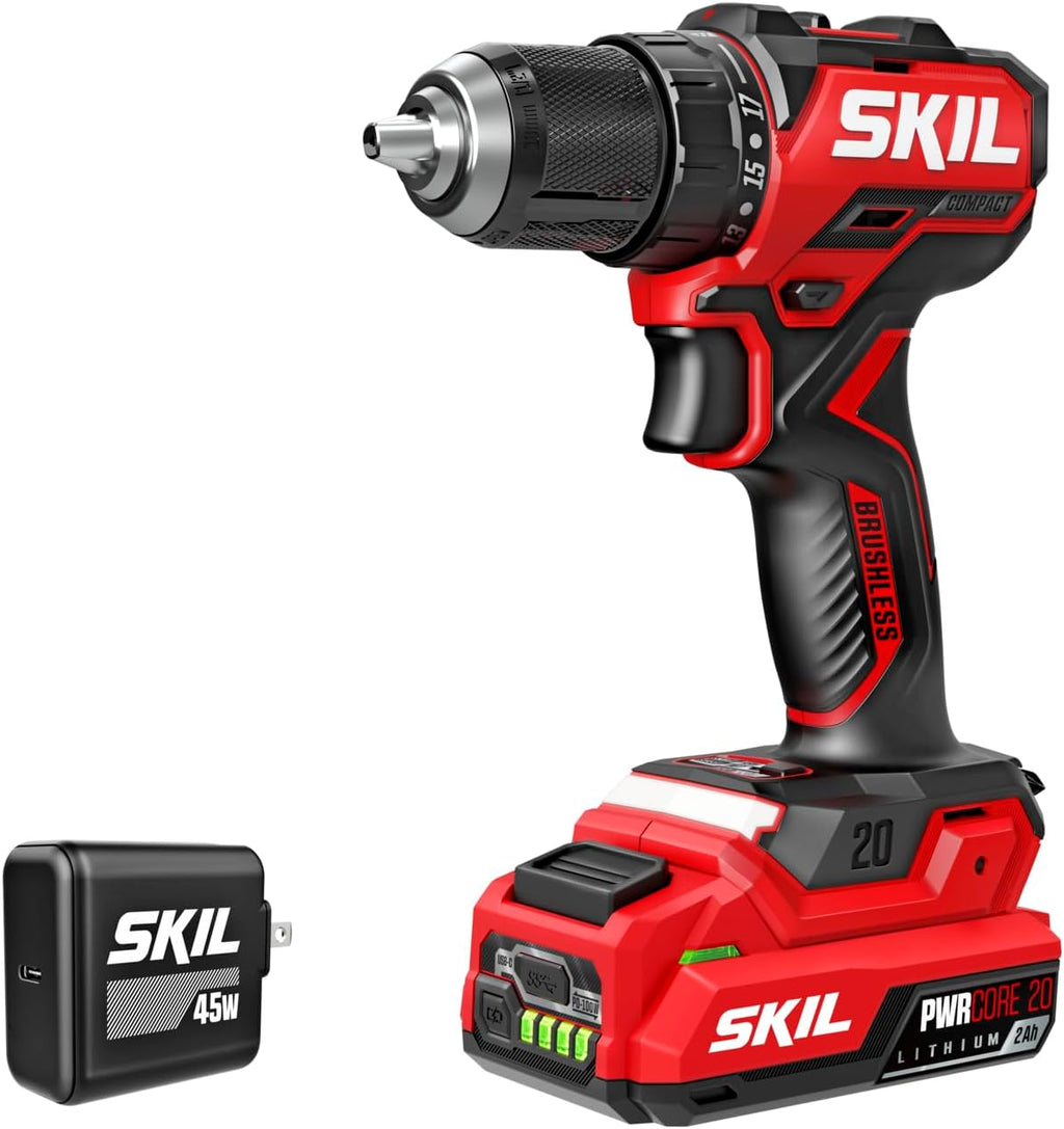 SKIL PWR CORE 20 Brushless 20V 1/2-Inch Compact Drill Driver Kit, Includes 2.0Ah USB-C Battery and 45W USB-C PD Charger - DL6293B-1C
