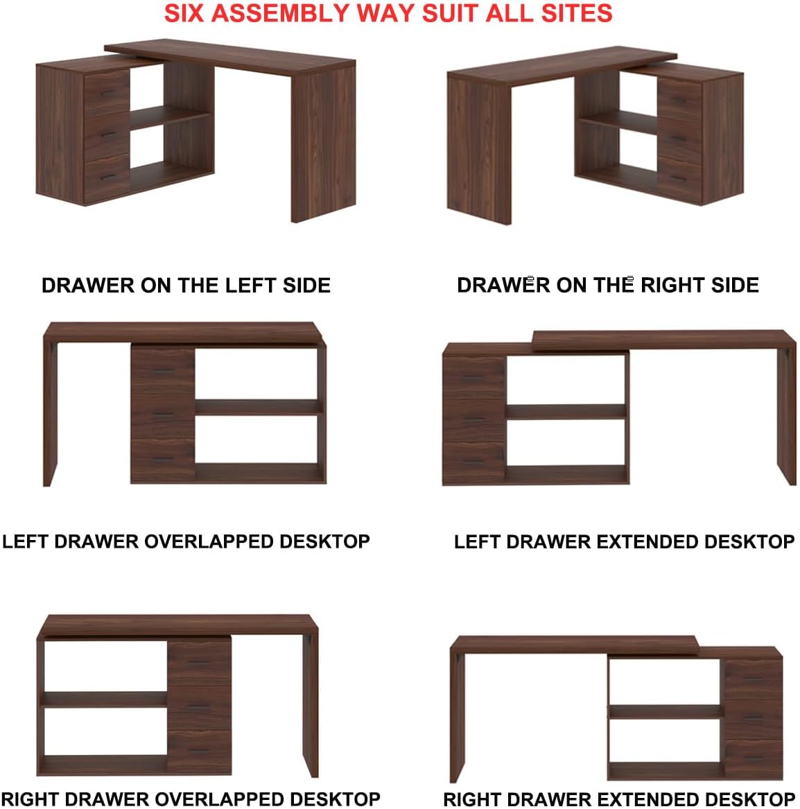 HSH Walnut Home Office Desk L Shaped with Drawers, Reversible Wood Computer Desk Table for Executive Work Writing Study Gaming, Rustic Corner L Desk with Storage Cabinet Shelves for Bedroom, 55 Inch