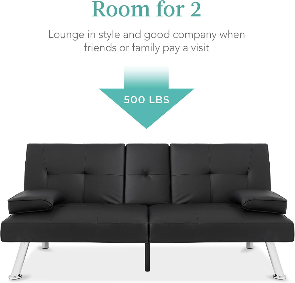 Best Choice Products Faux Leather Upholstered Modern Convertible Futon, Adjustable Folding Sofa Bed, Guest Bed w/Removable Armrests - Black