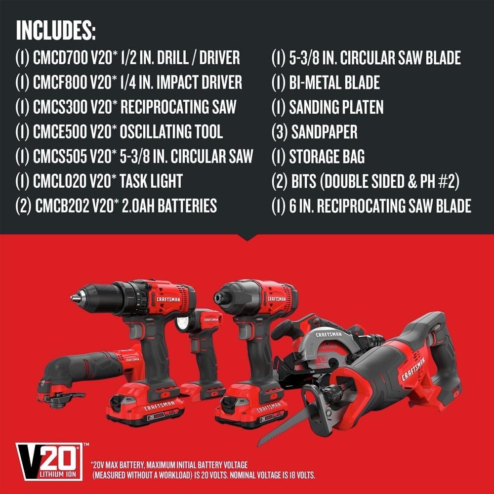 CRAFTSMAN CMCK601D2R V20 Lithium-Ion Cordless 6-Tool Combo Kit with 2 Batteries (2 Ah) (Renewed)