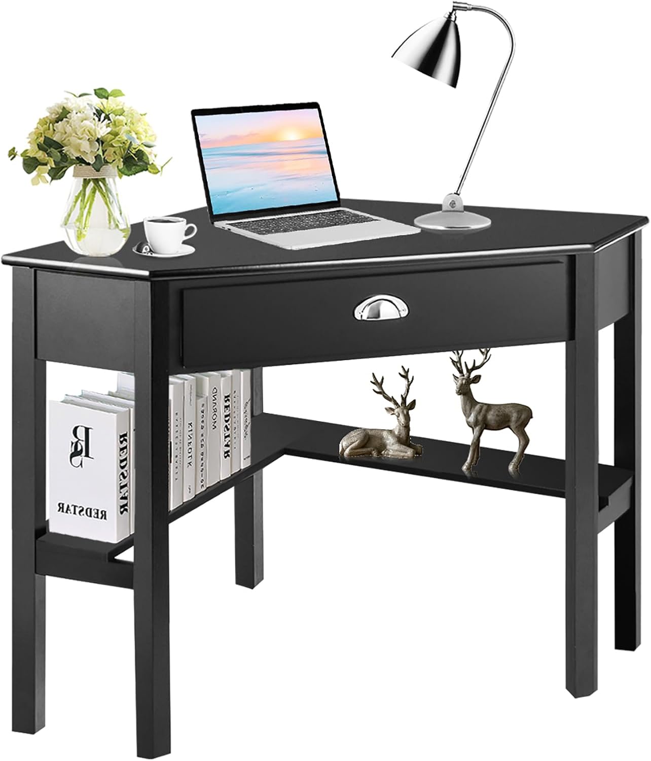 Corner Computer Desk, Space-Saving Corner Table with Drawer & Shelves, Home Office 90° Triangle Corner Workstation, Modern Makeup Vanity Table, Small Corner Desk for Small Spaces (Black)