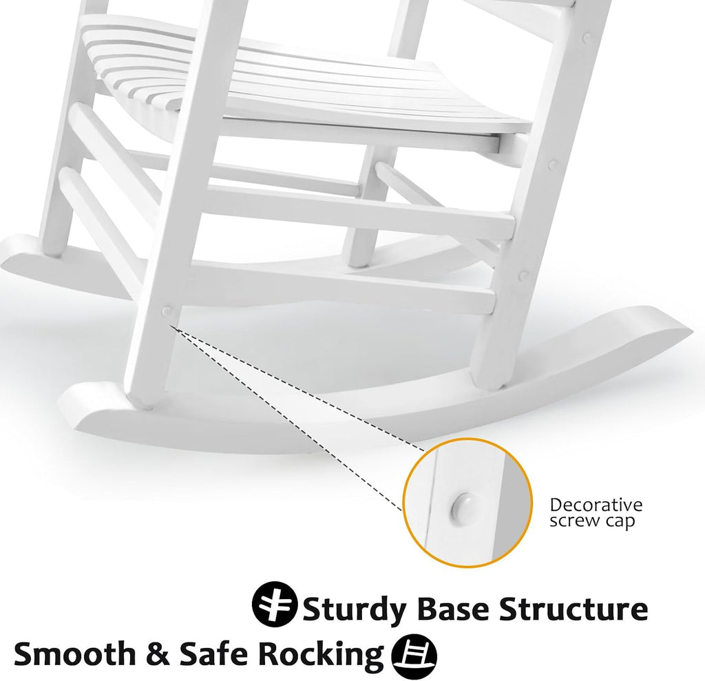 Hupmad Wooden Rocking Chair Outdoor Oversized Porch Rocker Chair,Patio Wooden Rocker with High Back and Armrest,All Weather Rocker Slatted for Backyard,Garden,400 lbs Support,White