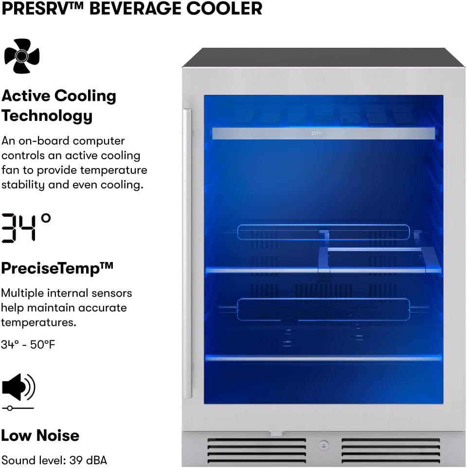 Zephyr Presrv 24 Inch Beverage and Wine Fridge Single Zone Under Counter, Built-in Drink Refrigerator, 7 Bottles, 108 x12oz Cans