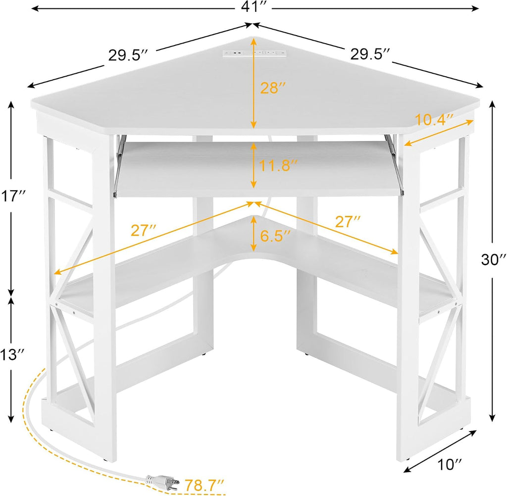 VECELO Corner Computer Desk 41x30 inch with Charging Station & Keyboard & Storage Shelves for Small Space,Triangle Table for Home Office Bedroom,White