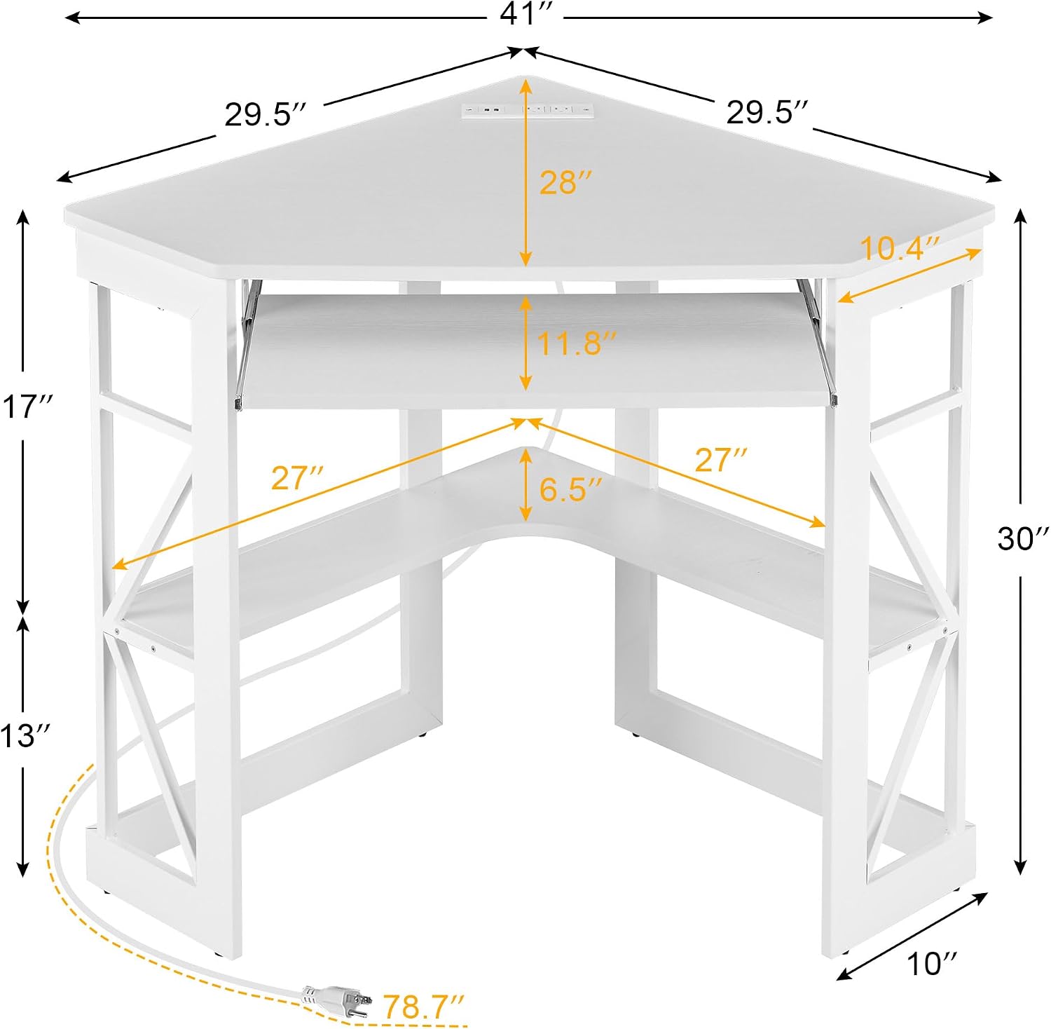 VECELO Corner Computer Desk 41x30 inch with Charging Station & Keyboard & Storage Shelves for Small Space,Triangle Table for Home Office Bedroom,White