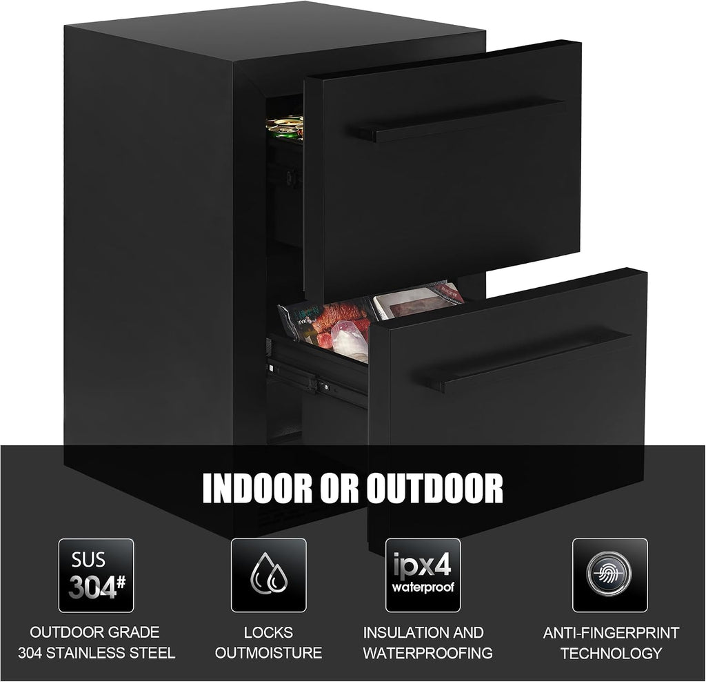 24Inch Double Drawer Refrigerator with Freezer,Under Counter Beverage Fridge for Indoor Outdoor Kitchen, Waterproof Black Stainless Steel Freezer for Freshness & Freezing Meat (-0.4℉ to 50℉)