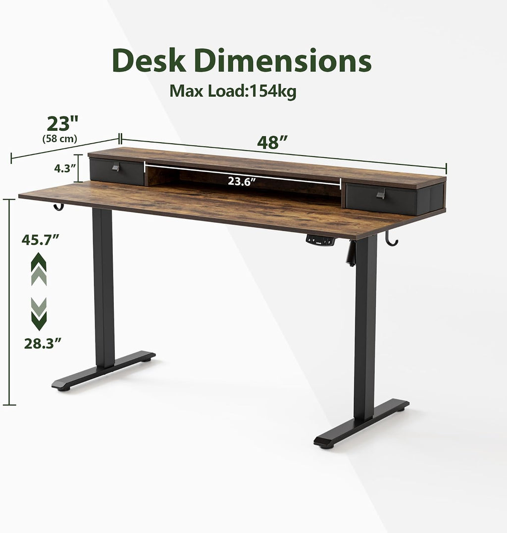 Agilestic 48 x 24 Inches Electric Standing Desk with 2 Storage Drawers, Adjustable Height Sit and Stand Computer Table with Splice Board, Rustic Brown
