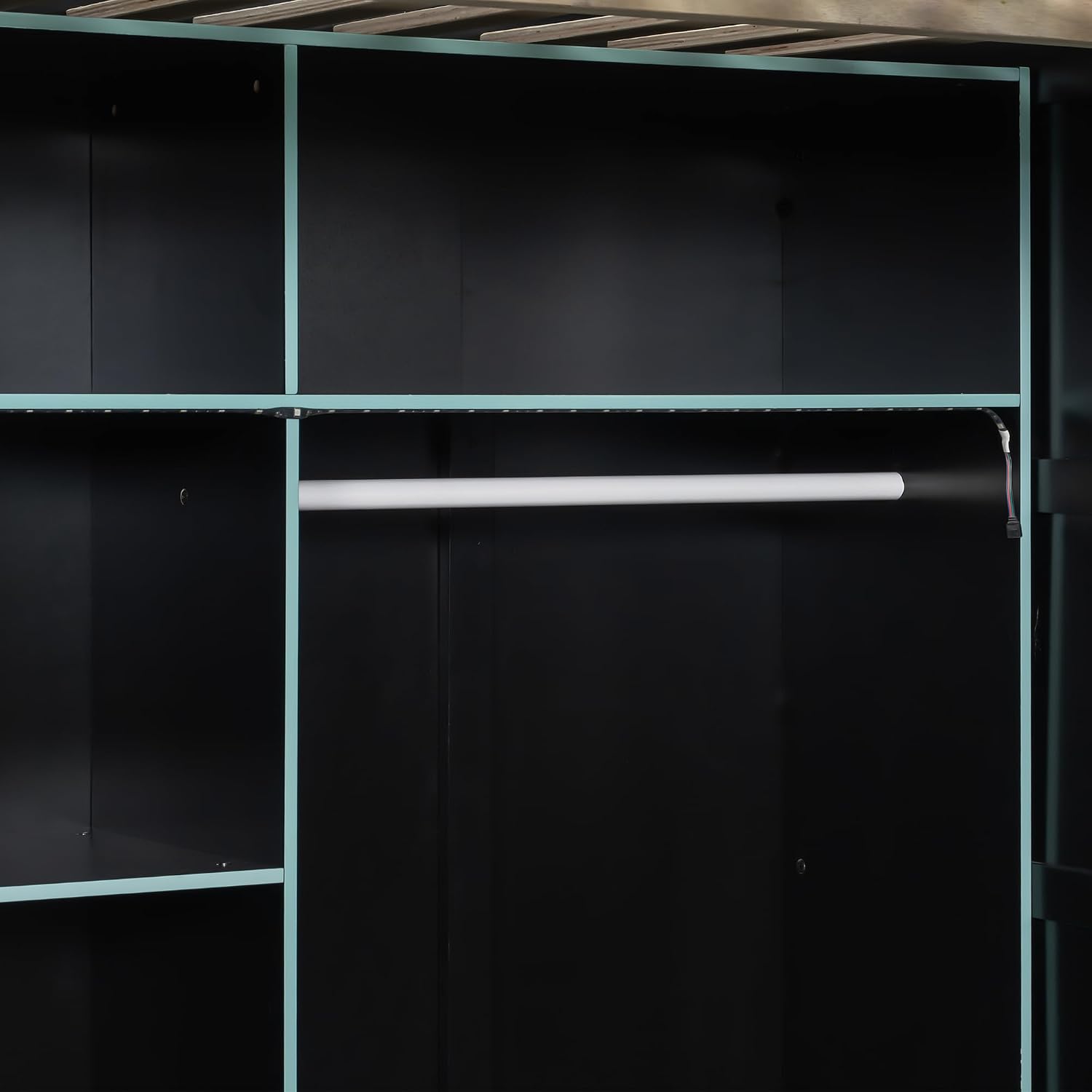 Merax Wood Loft Bed with Desk, Open Wardrobe, Storage Compartments and RGB Lights, Full Size, Cloud Blue