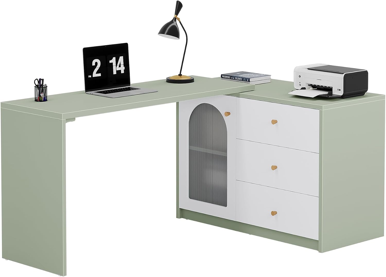 Tribesigns L-Shaped Computer Desk with Drawers, Modern Corner Home Office Desk with Reversible Storage Cabinet, Long Study Writing Desk Workstation for Home Office, Cyan & White