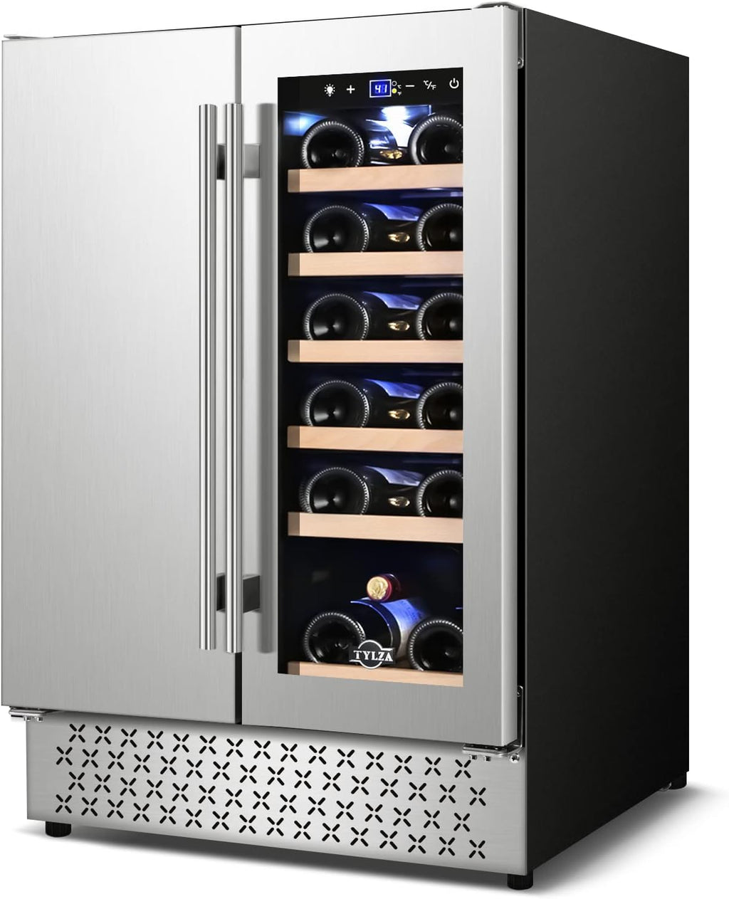 Tylza Wine and Beverage Refrigerator, 24 Inch Dual Zone Wine Beverage Cooler, Holds 20 Bottles and 88 Cans, Built-In and Freestanding, Seamless Glass Door, Under Counter Beer Wine Refrigerator