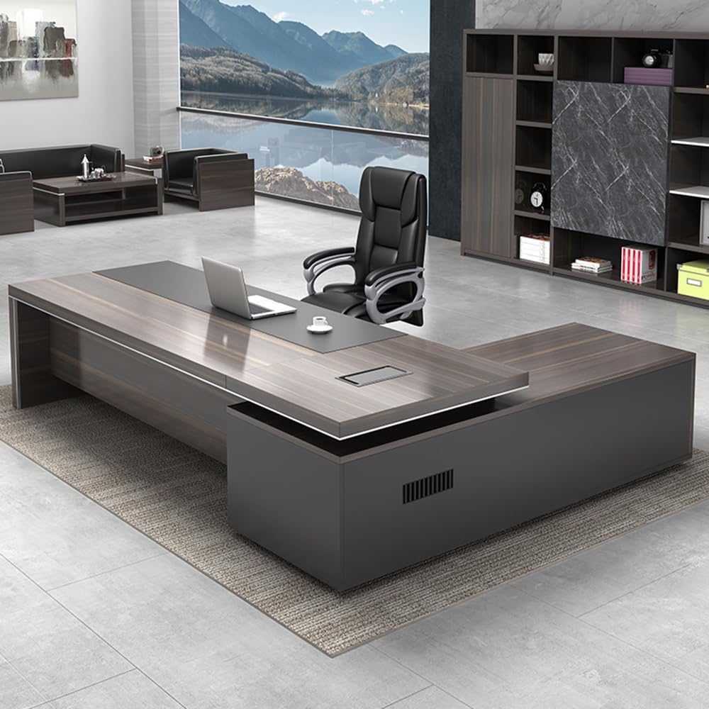 LITFAD Modern Office Computer Desk Wood Executive Table with Side Storage, CPU Stand and Cord Management, L-Shape Boss Table Writing Desk Home Office Without Chairs, 79' L x 63' W x 30' H