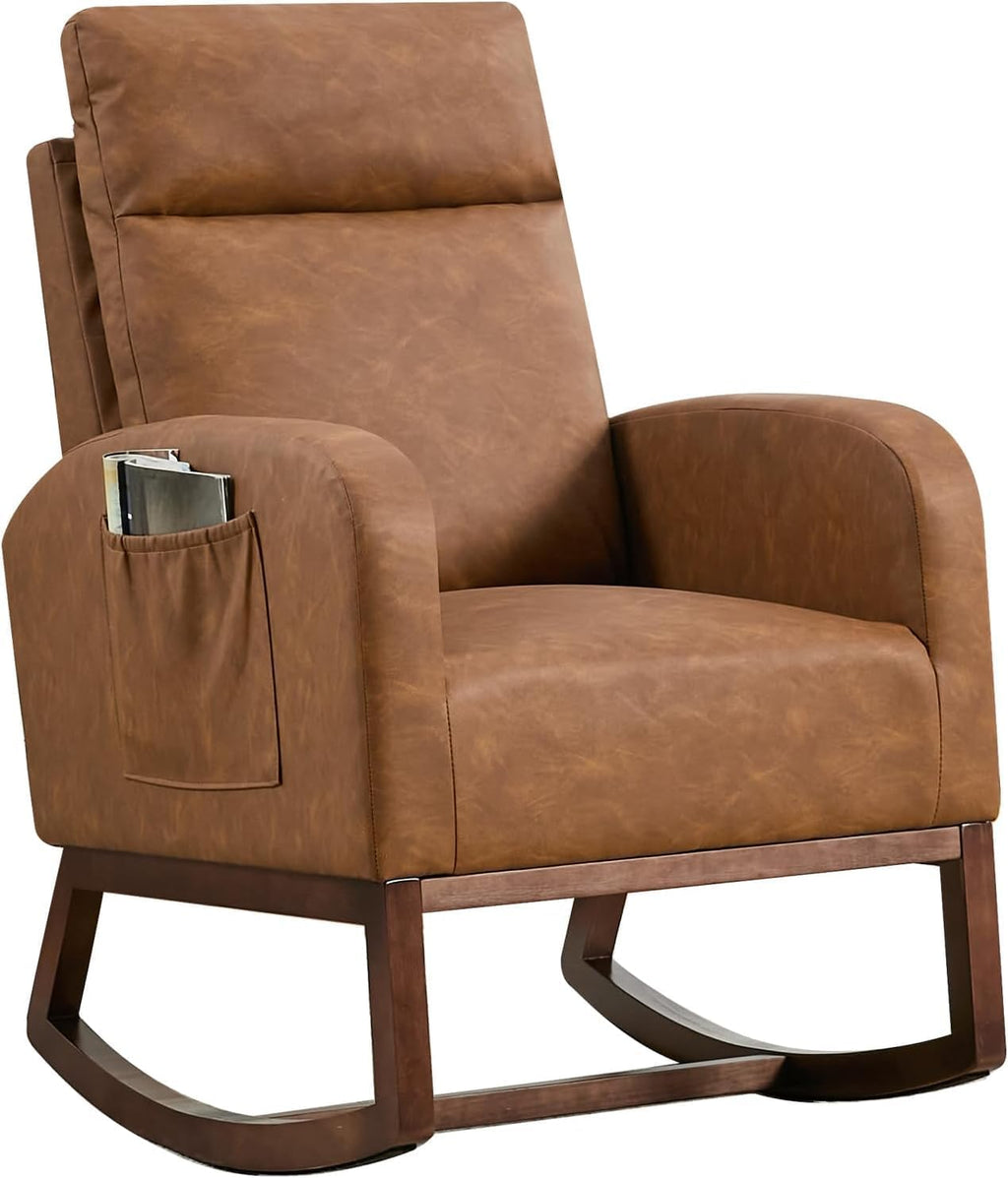 Nursery Glider Rocking Chair with 2 Side Pockets - Solid Wood Legs, Cozy Armchair for Baby Room, Living Room, Bedroom, Comfortable Nursery Essential(Rustic Brown)