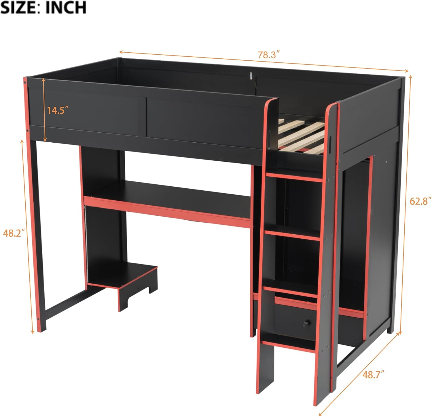 Bellemave Loft Bed with Desk and Lights, Loft Bed Twin with Built-in Wardrobe and Drawers, Wood Loft Beds Frame, Teens, No Spring Box Needed & Dedicated, Black and Red