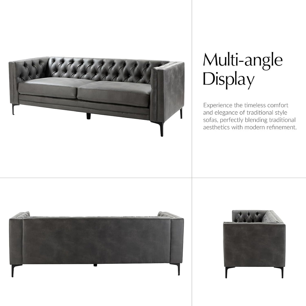 HULALA HOME 84' W Faux Leather Sofa Couch with Metal Legs, Button-Tufted 3-Seater Sofa, Mid Century Modern Contemporary Upholstered Couch for Living Room, Entertainment Area, Apartment,Grey