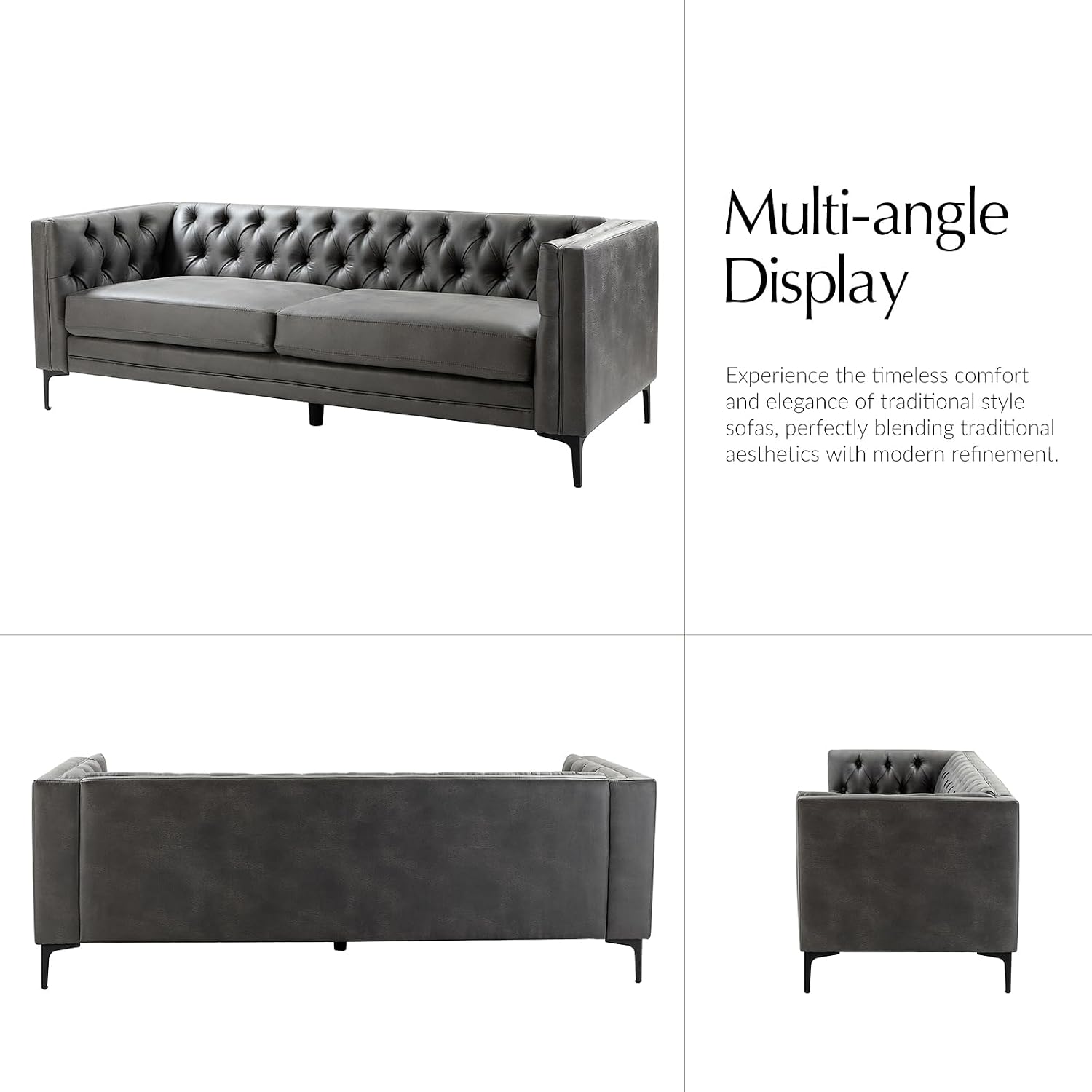 HULALA HOME 84' W Faux Leather Sofa Couch with Metal Legs, Button-Tufted 3-Seater Sofa, Mid Century Modern Contemporary Upholstered Couch for Living Room, Entertainment Area, Apartment,Grey