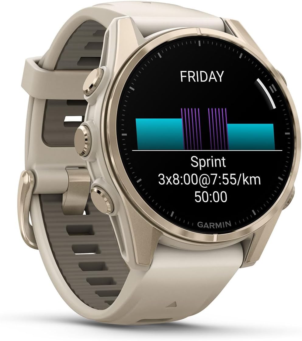 PlayBetter Garmin Fenix 8 AMOLED Sapphire (43mm, Soft Gold/Dark Sandstone) Multisport GPS Smartwatch Bundle - 1.3' Touchscreen, Built-in LED Flashlight Wireless Running Earbuds