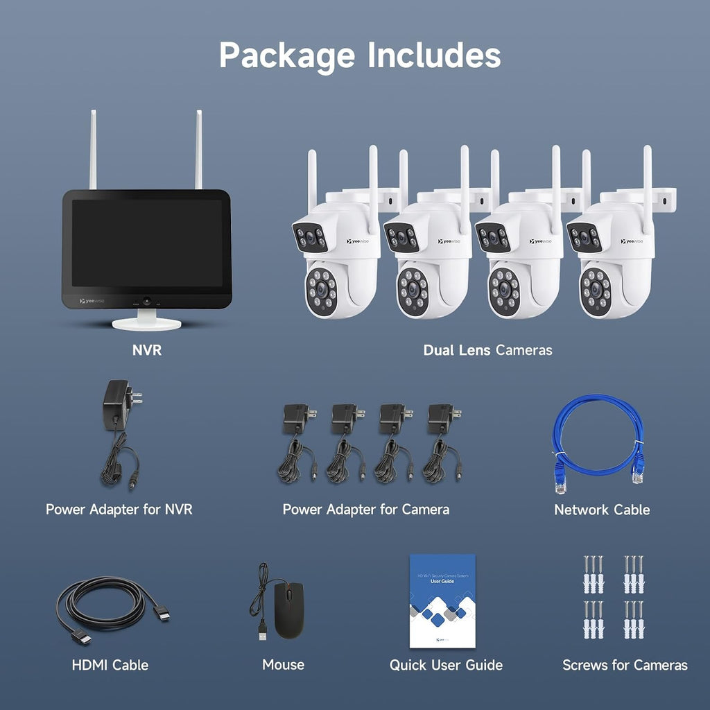 YEEWISE 2K Wi-Fi 6 Wireless Security Camera System with 12' Monitor, Dual Lens WiFi Security Cameras with 360° Pan Tilt & Auto Tracking, 16CH NVR with 1TB HDD, 5G&2.4G WiFi, 24/7 Record,Plug-in Power